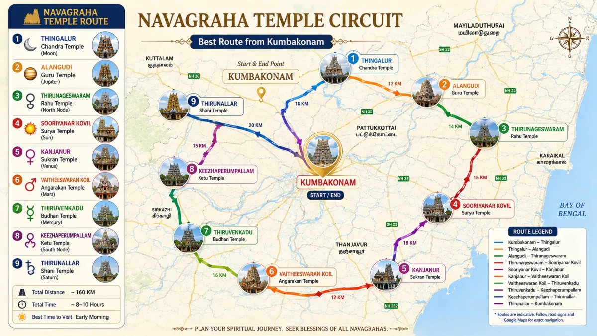 Navagraha temples route map from Kumbakonam